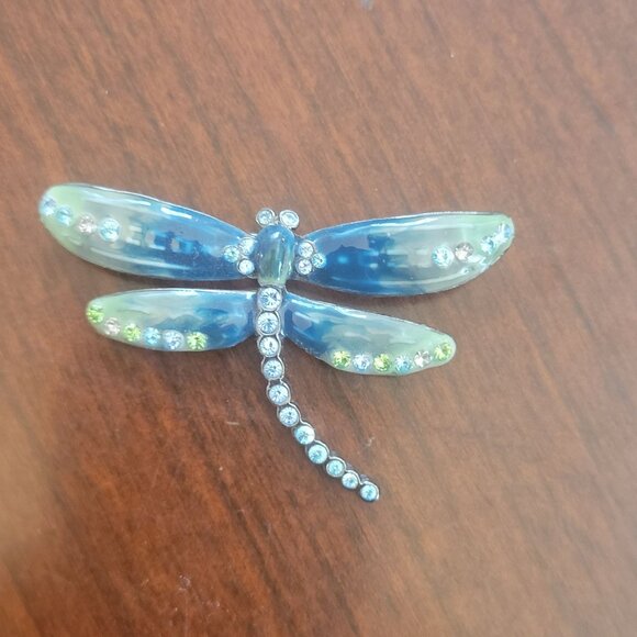 Vintage Liz Claiborne Dragonfly Brooch With Rhinestone Accents & Blue Enamel Win - Picture 1 of 5